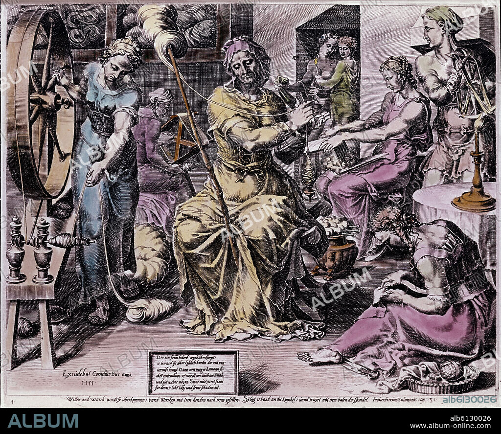 CORNELIS BOS. EL TRABAJO DEL HUSO Y LA RUECA - GRABADO 1555.