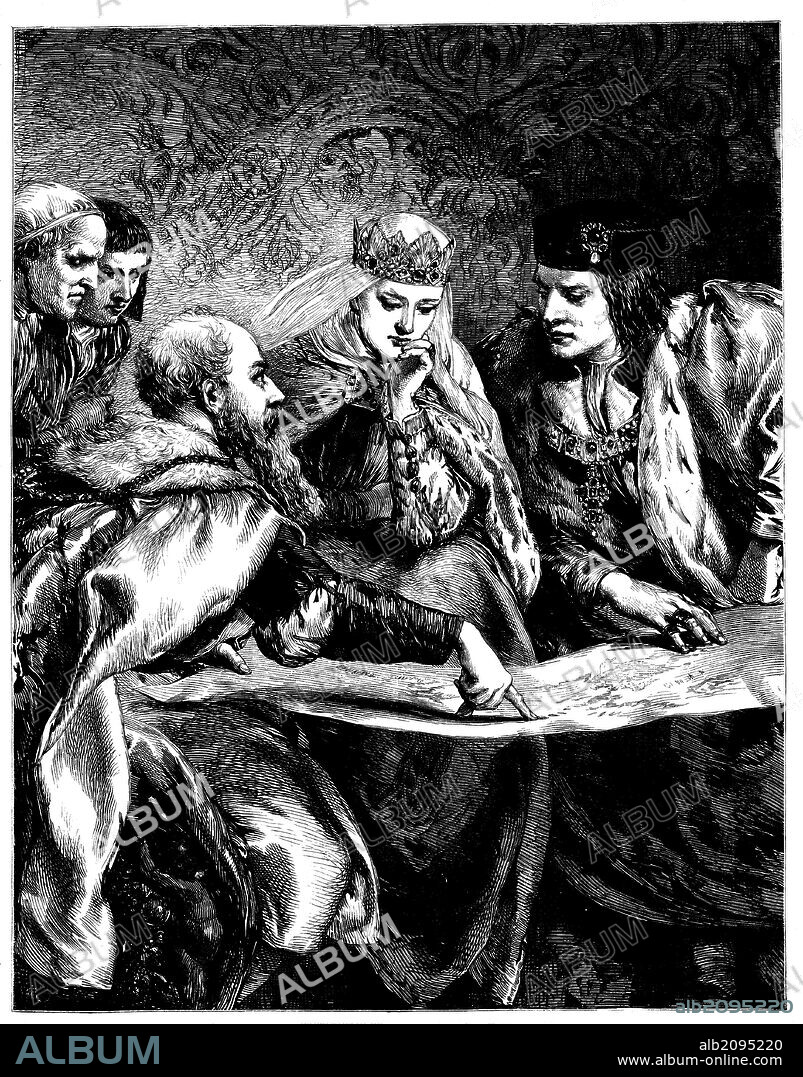 Cristóbal Colón dando a conocer el descubrimiento de América a los Reyes Católicos. Grabado de 1869.