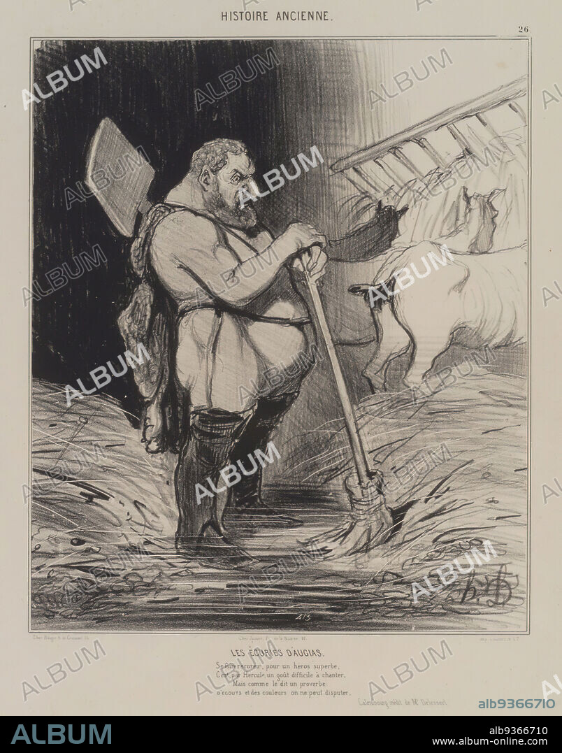 Les Écuries d'Augias, Le Charivari, Histoire Ancienne, Stories from Antiquity, Plate 26, Honoré Daumier, French, 1808-1879, Lithograph on wove paper, France, September 25, 1842, Image: 10 3/4 x 8 3/16 in., 27.3 x 20.8 cm.