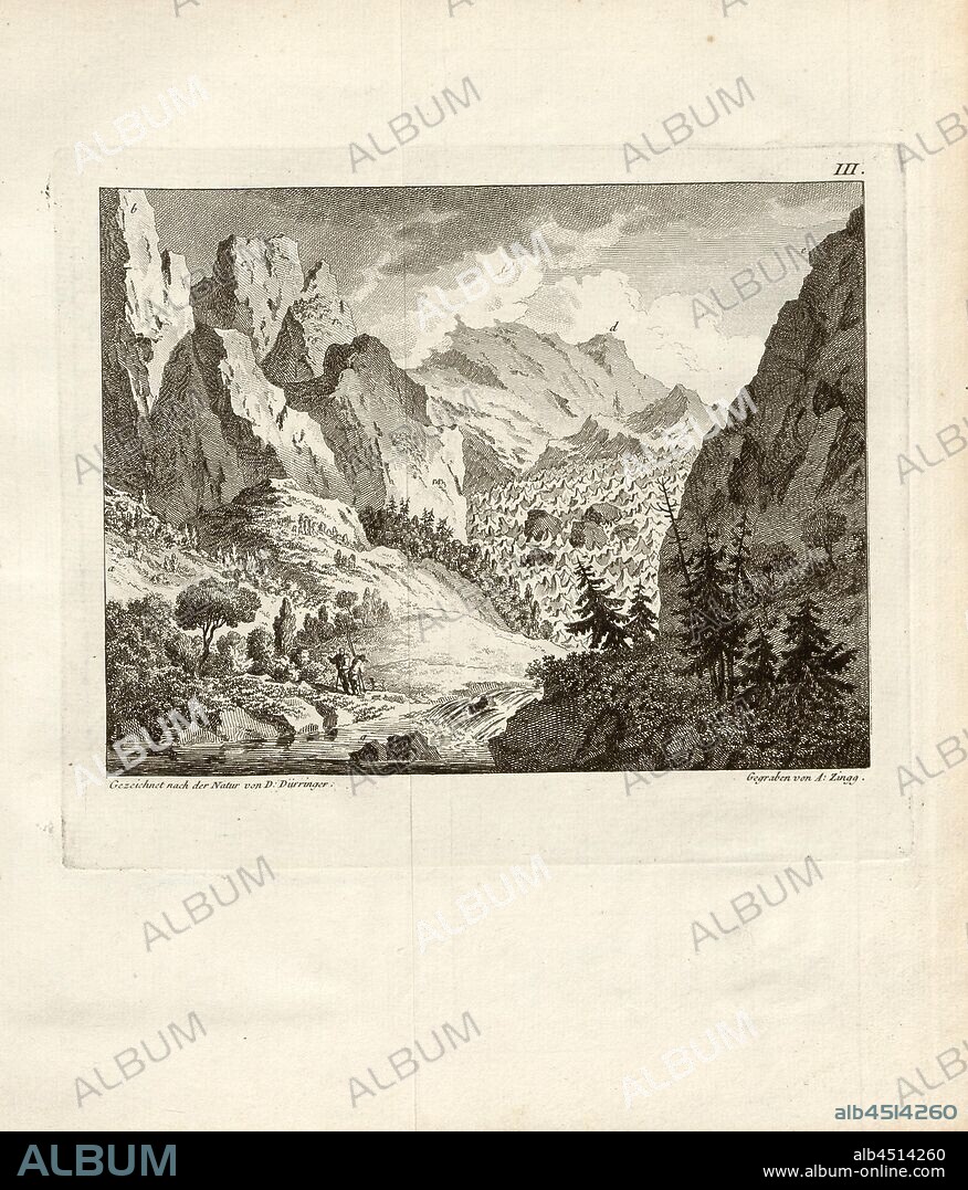 Amas du Rosenlaui sur le Scheidek, In the background the Rosenlaui Glacier, in the foreground two mountaineers, signed: D. Dürringer; A. Zingg, Fig. 5, III, after p. 372, p. 400, Düringer, Daniel, (gezeichnet nach der Natur); Zingg, Adrian (gegraben), 1770, Gottlieb Sigmund Gruner; Louis-Félix Guinement de Keralio: Histoire naturelle des glacieres de Suisse. Paris: Panckoucke, MDCCLXX [1770].