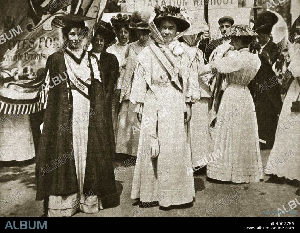 Emmeline Pethick-Lawrence and Emmeline Pankhurst, British suffragettes, 1908. Emmeline Pethick Lawrence (1867-1954) and Emmeline Pankhurst (1858-1928) were two of the leaders of the Women's Social and Political Union, the organisation founded in 1903 that spearheaded the campaign for women to receive the vote in Britain.