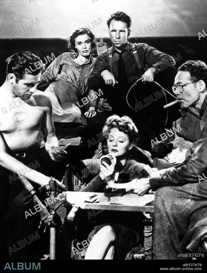 HENRY HULL, HUME CRONYN, JOHN HODIAK, MARY ANDERSON and TALLULAH BANKHEAD in LIFEBOAT, 1944, directed by ALFRED HITCHCOCK. Copyright 20TH CENTURY FOX.