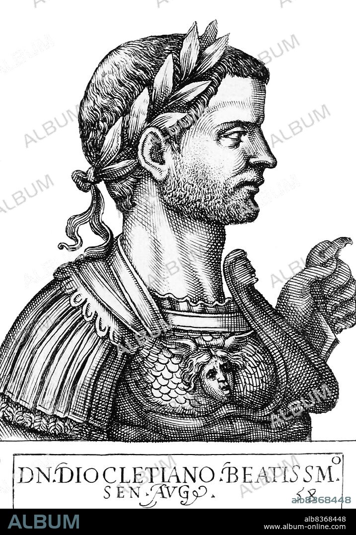 Diocletian (244-312) was born as Diocles in Dalmatia. He rose through the ranks of the military to become a cavalry commander under Emperor Carus, and after the deaths of Carus and his son Numerian in 284, Diocletian was proclaimed emperor, defeating Carus' other surviving son Carinus to sanctify his claim.