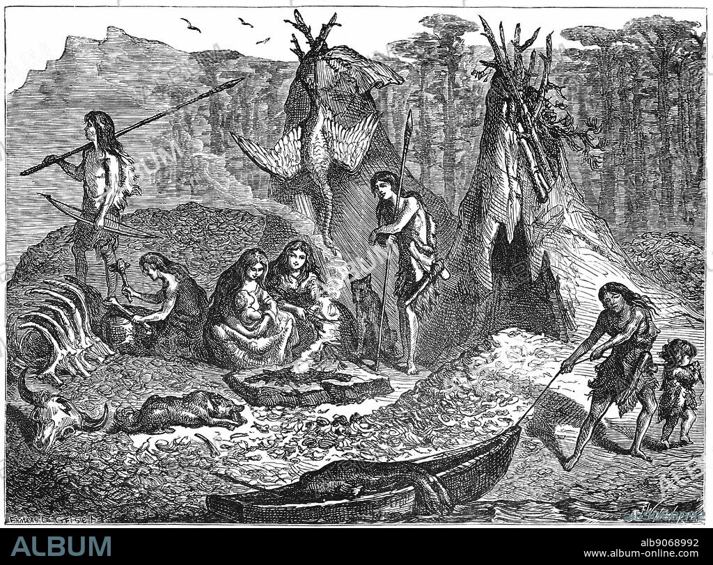 Shell Mound People or Kitchen-Middeners. Late Mesolithic-early Neolithic 4,000-2,000 BC. North and South Europe, Iberia, North Africa, North & South America similar patterns found. Artist's impression c188. Engraving .