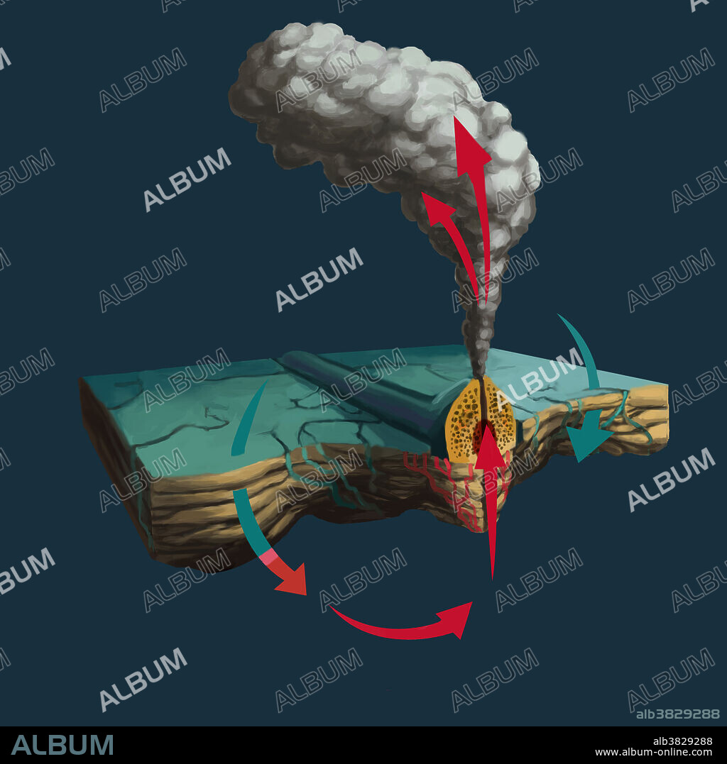 Simplified diagram of hydrothermal circulation in an ocean vent. Cool ocean water is drawn into the hydrothermal system through faults or cracks in the ocean floor. The water is heated by the magma beneath, rising as it gets hotter; the temperature may exceed 400 Celsius.