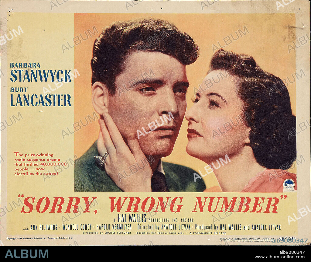 BARBARA STANWYCK y BURT LANCASTER en VOCES DE MUERTE, 1948 (SORRY WRONG NUMBER), dirigida por ANATOLE LITVAK. Copyright PARAMOUNT PICTURES.