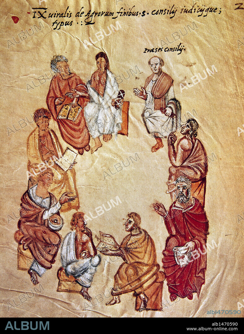 HISTORIA DEL IMPERIO ROMANO. Grupo de AGRIMENSORES sentados en círculo durante una reunión. Los Agrimensores se dedicaban a resolver los problemas que planteaban los desbordamientos de los ríos, utilizándose de instrumental como escuadras, reglas y cordeles. Miniatura del s. XIV.