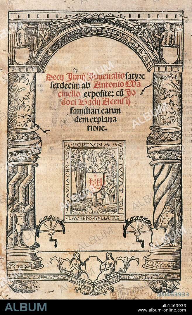 LITERATURA LATINA. SIGLO I. JUVENAL, Decimo (Aquino, 50-Roma, 128). Poeta satírico latino. "SATIRAS". PORTADA de la edición impresa en Leyden en 1517.