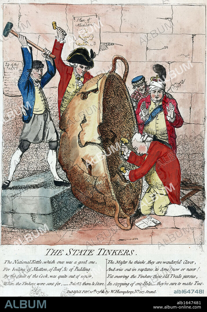 The State Tinkers', James Gillray 1780. Lord North, British Prime Minister, kneels, Lord Sandwich and assistant patch up the kettle of state. George III looks on, hands raised. North forced out of office on motion of confidence, 1782.