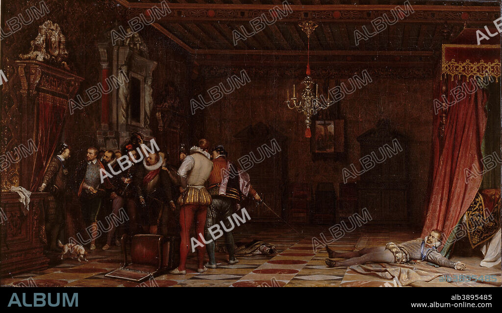 PAUL DELAROCHE. L'assassinat du duc de Guise au château de Blois en 1588. Date/Period: 1834. Painting. Oil on canvas. Height: 570 mm (22.44 in); Width: 980 mm (38.58 in).