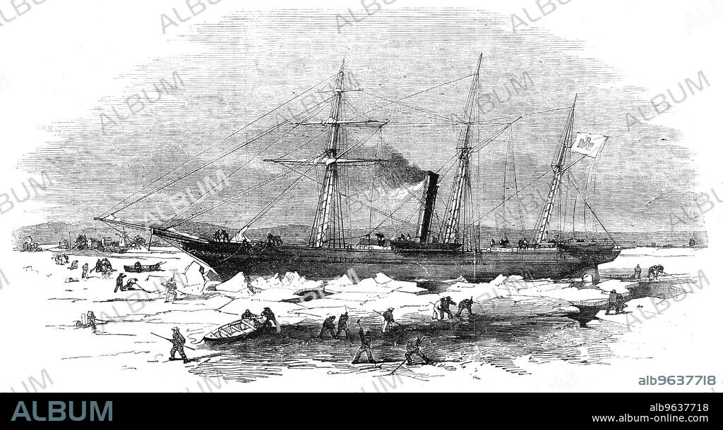 Navigation of the Elbe - the Steamer "Pollux" cutting through the ice at Altona, 1856. ''A novel and important experiment has just been made on the Elbe, with a view to ascertain how far it is practicable to keep the navigation of that river open during the winter. At present all communication by sea between [England] and Hamburg is completely stopped [in winter]...The fast ice... was about nine inches in thickness; and, when attacked by the steamer, was broken with perfect ease, and to a considerable distance on each side of the vessel, leaving a free channel of about sixty or seventy feet in width...The only difficulty...was opposite Altona, where the branch of the Elbe had caused an accumulation of ice, in many places five feet in thickness; yet even this compact mass yielded to the repeated attacks of the Pollux's iron stem...proof of the great strength afforded by iron as a shipbuilding material'. From "Illustrated London News", 1856.