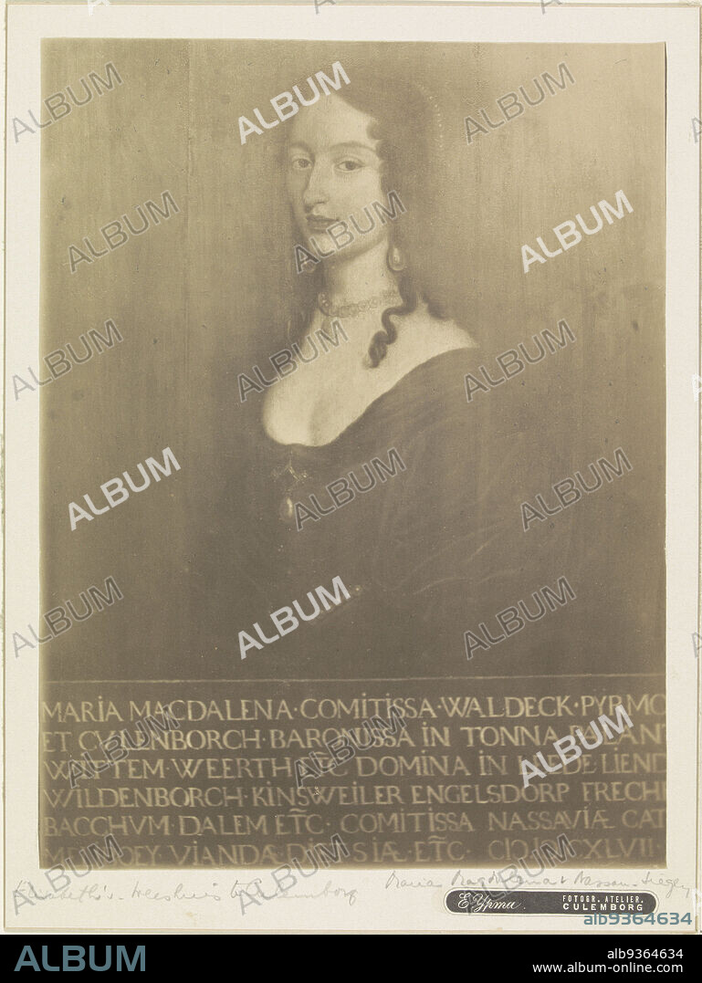 Portrait of Marie Magdalene, Countess of Nassau-Siegen, Portrait of Marie Magdalene. In a frame six lines of Latin text., Eeltje IJpma (mentioned on object), after: anonymous, Culemborg, 1850 - 1930, cardboard, photographic support, height 229 mm × width 175 mmheight 258 mm × width 193 mm.