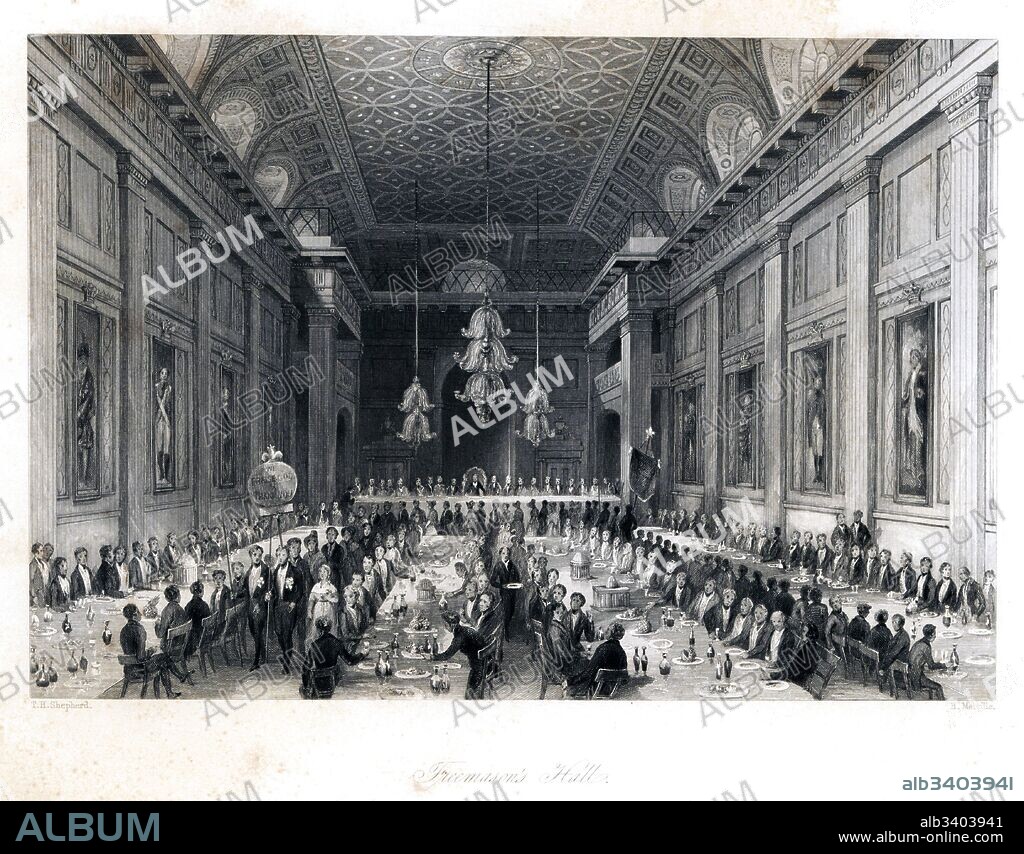 Annual dinner of the Royal Humane Society at Freemason's Hall. Steel engraving by Henry Melville after an illustration by Thomas Hosmer Shepherd from London Interiors, Their Costumes and Ceremonies, Joshua Mead, London, 1841.