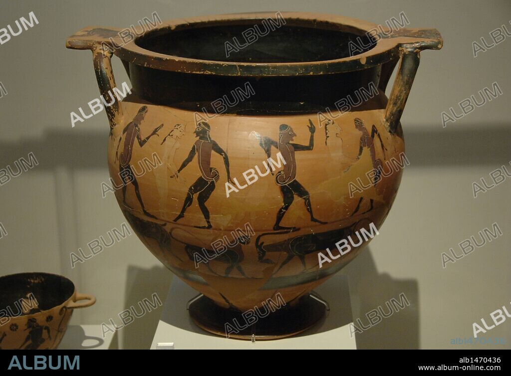 Greek Art. Archaic period. Krater painted with scenes of men and women dancing. Below, is depicted panthers and wild goats. It comes from Kaza (Eleftheros). Komast Style Group. Dated between 580-570 BCE National Archaeological Museum. Athens. Greece.