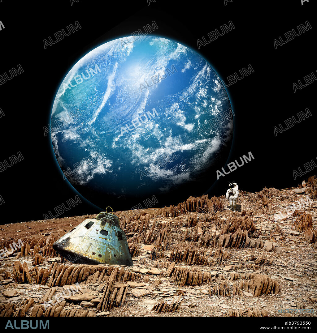 An astronaut surveys his situation after being marooned on a barren and rocky moon. An alien, and water covered planet, shines in the background. - Elements of this image furnished by NASA.
