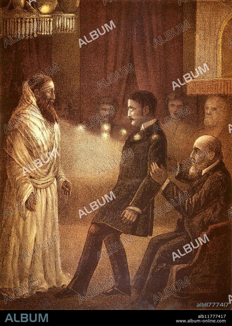 Lithograph from the biography of the medium Eglinton, written by John S. Farmer, 'Twixt Two Worlds.' This is among the earliest known colour pictures of a seance. Eglington is passing ectoplasm to the Arab-like spirit.