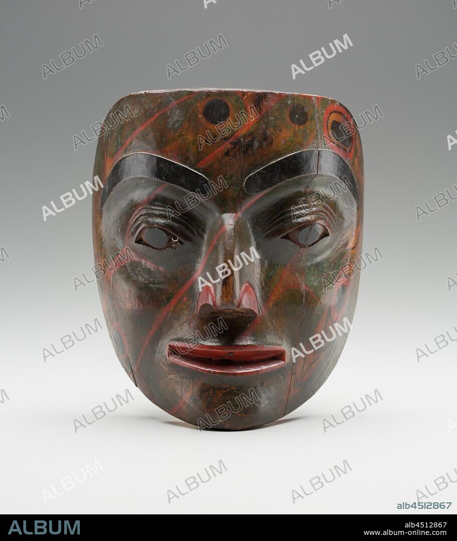 Haida, Native American, Face Mask, 19th century, wood and pigment, Overall: 8 5/8 × 7 1/2 × 4 3/4 inches (21.9 × 19.1 × 12.1 cm).