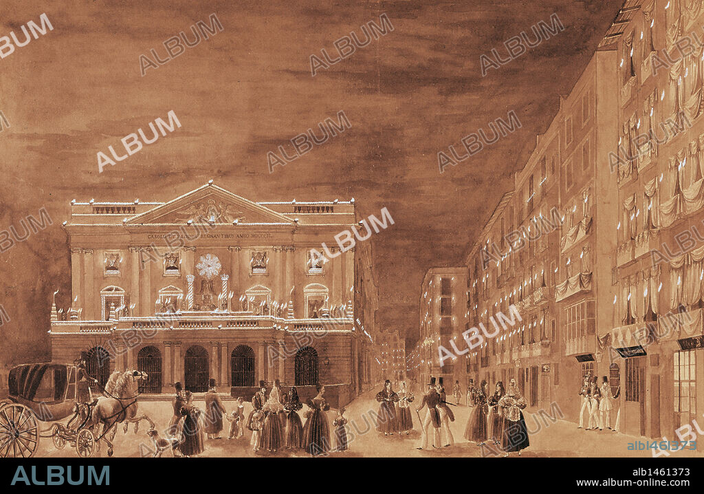 BARCELONA. LA LONJA DE BARCELONA o CONSULADO DE MAR, con las iluminaciones del año 1833. Grabado tomado al natural de Onofre Alsamora (Barcelona,1810-Barcelona,1880). Museo de Historia de la Ciudad. Barcelona. Cataluña.