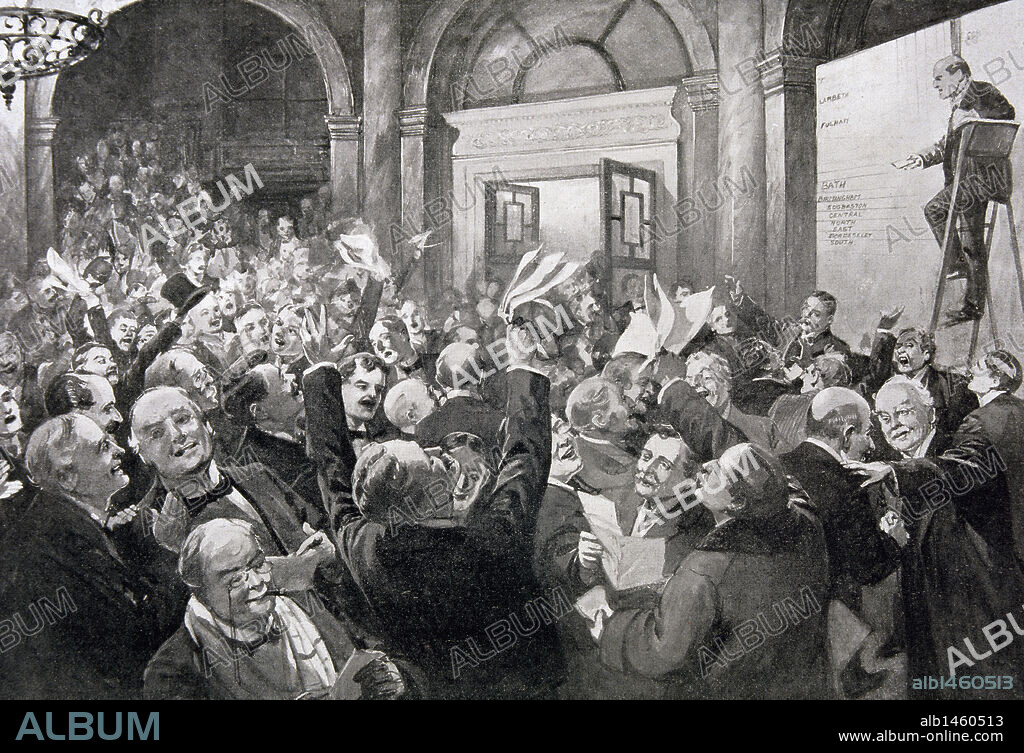 HISTORIA DE INGLATERRA. PRINCIPIOS SIGLO XX. ELECCIONES EN INGLATERRA: "ESCRUTINIO DE VOTOS EN EL CLUB CONSTITUCIONAL, SEDE GENERAL DE LOS UNIONISTAS, EN BIRMINGHAM". Grabado de l'Illustration, año 1910.
