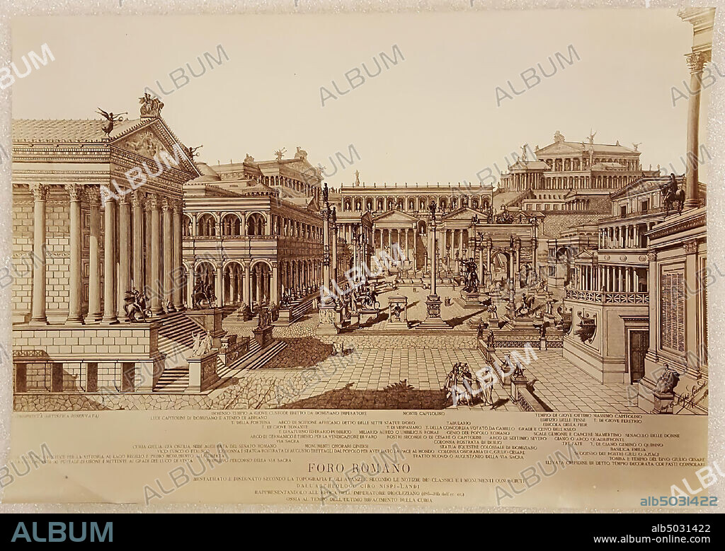 Perspective study of the Roman Forum in Rome, made by Ciro Nispi Landi, photo, paper, albumine print, 36 x 25,8 cm, ca. 1895, Italy.