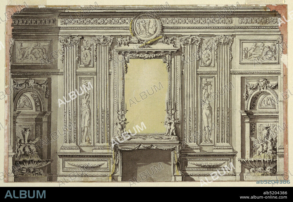 Elevation of an Interior Wall with Chimneypiece, Jean-Charles Delafosse, French, 17341791, Pen and black ink, brush and yellow, rose and grey wash, A looking glass is in the over mantel. Putti form bases of candelabra on mantle shelf. Flanking mantle are two women carrying baskets on their heads, medallions above, defined by fluted pilasters. In niches on either side are putti playing in shell-shaped fountains., France, 177080, architecture, interiors, Drawing, Drawing.