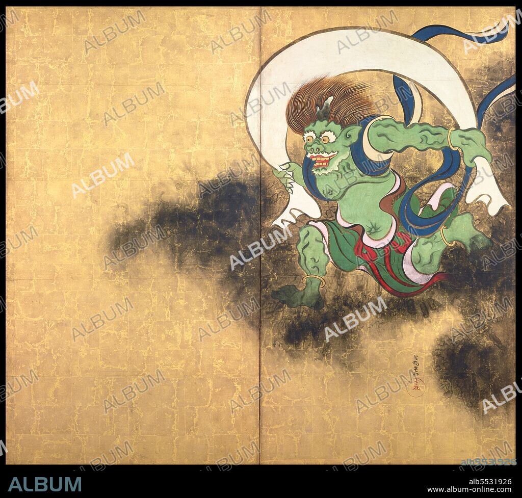 Fujin or Futen is the Japanese god of the wind and one of the eldest Shinto gods. He is generally depicted as a terrifying wizard-like demon carrying a large bag of winds on his shoulders. In Japanese art, the deity is often depicted together with Raijin, the god of lightning, thunder and storms. Ogata Korin (1658 – June 2, 1716) was a Japanese painter of the Rinpa school. He was born in Kyoto, to a wealthy merchant who had a taste for the arts. Korin also studied under Soken Yamamoto, the Kano school, Tsunenobu and Gukei Sumiyoshi, and was greatly influenced by his predecessors Hon'ami Koetsu and Tawaraya Sotatsu. 'Wind God and Thunder God' by Ogata Korin is a replica of Tawaraya Sotatsu's four panel folding  screen of the same title ('Fujin Raijin Zu), Kyoto, early 17th century.