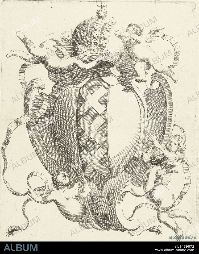The emperor's crown at the top is carried by putti., Kwab cartouche with the city arms of Amsterdam Eenige nieuwe compartemente (series title), print maker: Johannes Lutma (1624-1689), Johannes Lutma (1624-1689), publisher: Frederik de Wit, Amsterdam, c. 1653 - c. 1655, paper, etching, h 225 mm × w 180 mm.