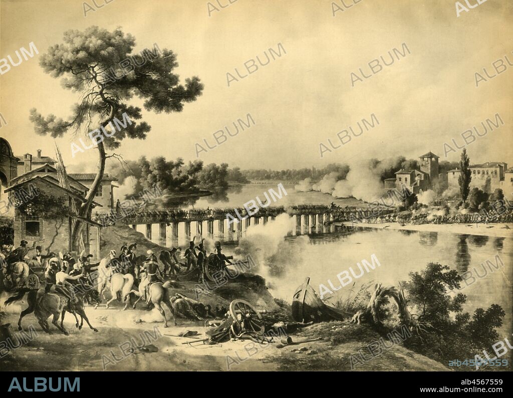 The Battle of Lodi, 10 May 1796, (1921). 'L'infanterie de la division Dallemagne franchit le pont sur l'Adda, pendant que la cavalerie passe la rivière a gué, un peu en amont.'  French forces under Napoleon Bonaparte fought the Austrians led by Karl Philipp Sebottendorf at Lodi, Lombardy, northern Italy. Napoleon (1769-1821) is seen on a pale horse, giving orders. After a painting of 1804 by Lejeune in the collection of the Musée de l'Histoire de France, palace de Versailles, France. From "Napoleon", by Raymond Guyot, [H. Floury, Paris, 1921].