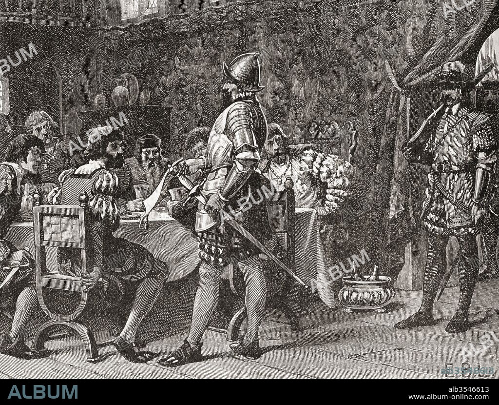 The capture of Thomas FitzGerald, 10th Earl of Kildare and his five uncles in 1537 after publicly renouncing his allegiance to King Henry VIII, Lord of Ireland and attacking Dublin Castle. Thomas FitzGerald, 10th Earl of Kildare, 1513–1537 aka Silken Thomas. Leading figure in sixteenth century Irish history. From The Century Edition of Cassell's History of England, published 1901.