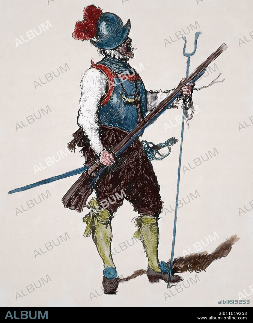 Arquebusier holding a arquebus. 15th century. Engraving by Germania,1882.