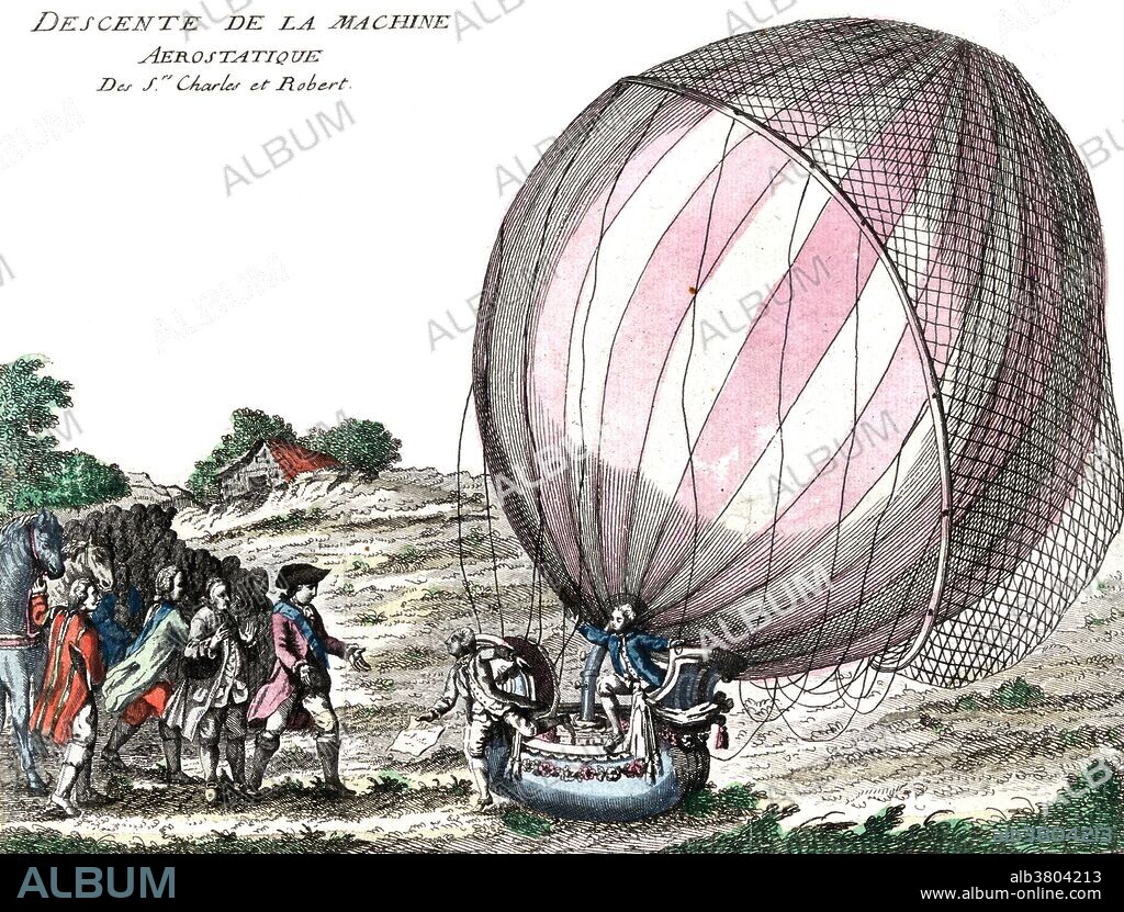 Jacques Charles and Nicolas-Louis Robert stepping out of their hydrogen balloon on a plain near Nesle, France after the first manned balloon flight in December of 1783. Jacques Alexandre CÃ©sar Charles (November 12, 1746 - April 7, 1823) was a French inventor, scientist, mathematician, and balloonist. Charles conceived the idea that hydrogen would be a suitable lifting agent for balloons having studied the work of Robert Boyle's Boyle's Law which was published 100 years earlier in 1662. Charles and the Robert brothers launched the world's first (unmanned) hydrogen-filled balloon in August 1783. On December 1, 1783, he and his co-pilot Nicolas-Louis Robert ascended to a height of about 1,800 feet in a manned balloon. The Robert Brothers (Les FrÃ¨res Robert) were Anne-Jean Robert (1758-1820) and Nicolas-Louis Robert (1760-1820) skilled engineers with a workshop at the Place des Victoires in Paris.