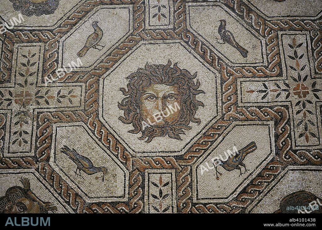 Mosaic of Medusa and the seasons. Detail of the central part. Roman period. 4th century AD. Limestone. From Palencia, Castile and Leon, Spain. National Archaeological Museum. Madrid. Spain.