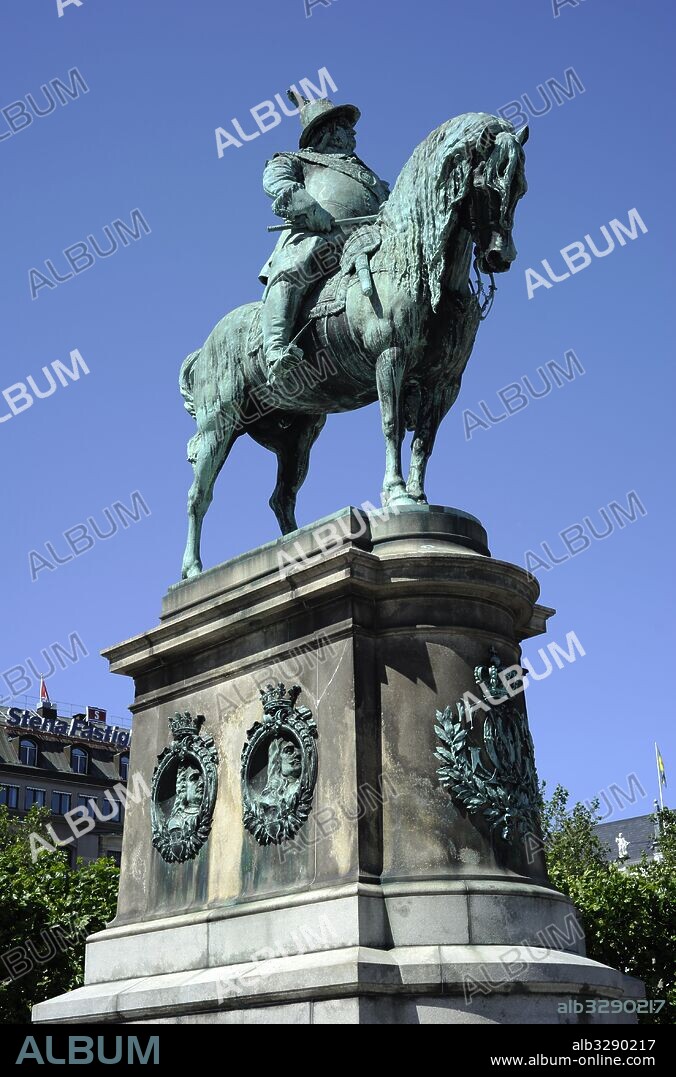Charles X Gustave of Sweden or Carl Gustave (1622-1660). King of Sweden from 1654-1660. Statue by John Borjeson (1835-1910), 1896, Malmo. Sweden.
