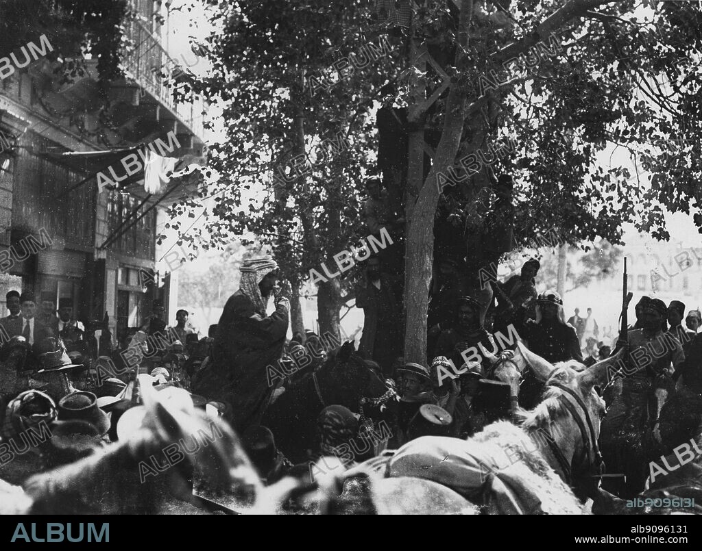 WW1: Capture of Damascus. The Emir Feisal leaving the Hotel Victoria in Damascus after an interview with General Allenby at which he was informed taht the influence of the Arabs was not to extend westward of the Anti-Lebanons. 3rd October 1918.