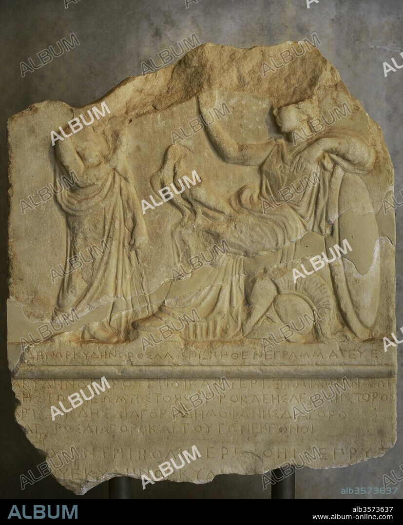 Honorary decree for the proxenoi (consul) of Abydos. The Athenians honor the proxenoi of Abydos, a city on the Asiatic coast of the Hellespont. On the relief, Athena with an eagle on her lap, a symbol of Abydos, converses with a representative of the proxenoi (consuls). First quarter of the 4th century BC. Acropolis Museum. Athens. Greece.