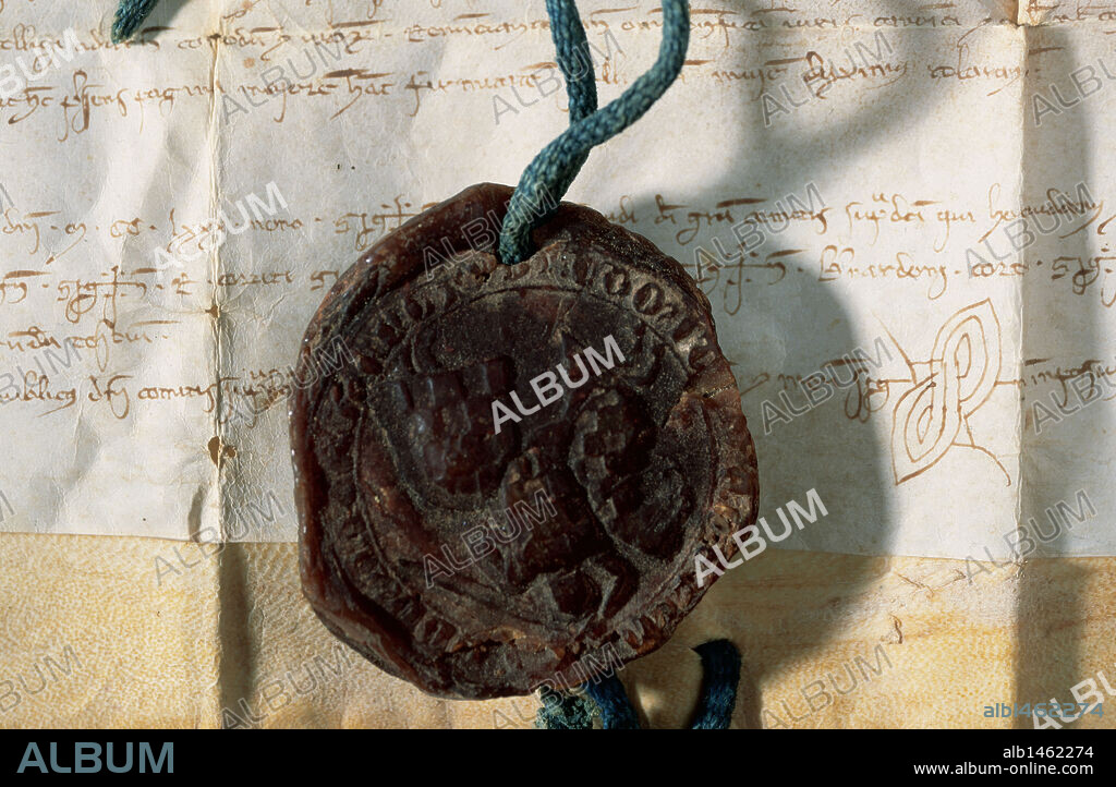 Ermengol X of Urgell (1260-1314). A pendant wax seal on a parchment with the figure of the count with his mount. Manuscript where the count approves the accounts of his administrator, 1289. Arxiu Comarcal de la Noguera, Balaguer, Catalonia, Spain.