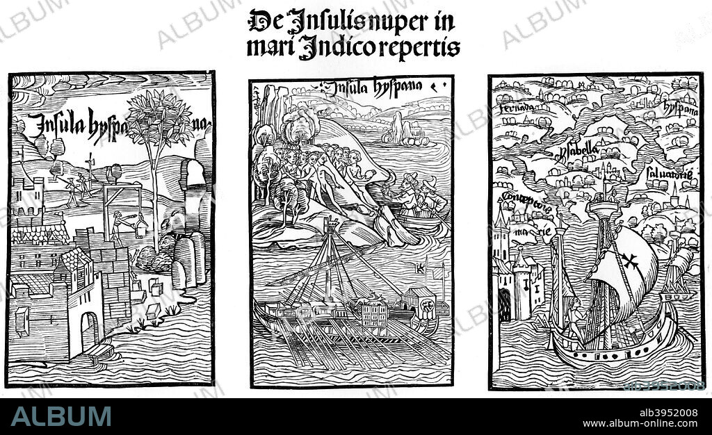 The landing of Christopher Columbus on Hispaniola, 1901. Sponsored by Ferdinand and Isabella of Spain, Columbus set out to discover a westward route to Asia. He landed on the Caribbean island of Hispaniola, claiming it for Spain. After one of the first contemporary pamphlets, printed at Basel, 1494.  A print from The World's History, A Survey of Man's Record, by Dr HF Helmolt, Volume I, William Heinemann, London, 1901.