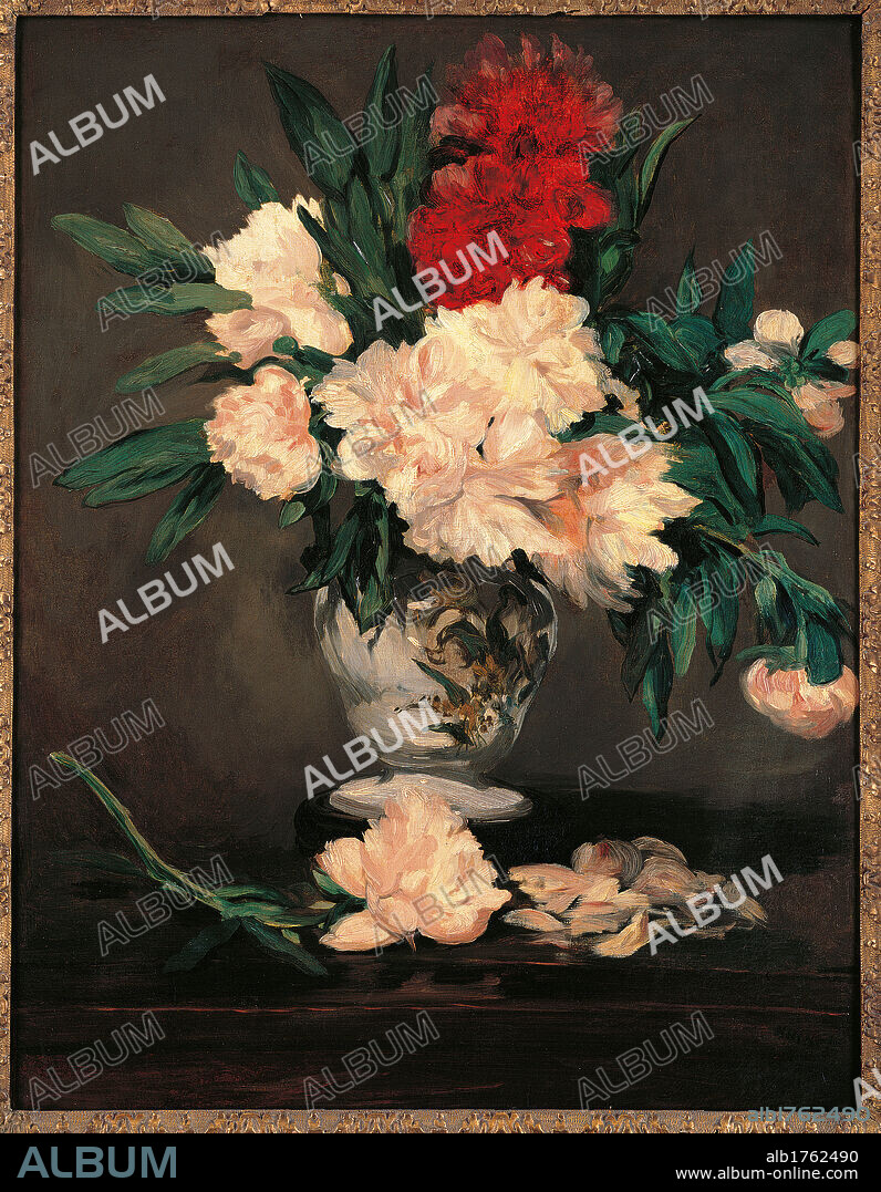 Vase with Peonies on a Pedestal, by Edouard Manet, 1864, 19th Century, oil on canvas, cm 93,2 x 70,2. France, Ile de France, Paris, Muse dOrsay, RF1669. All. Vase with peonies on a pedestal pink red green leaf flower petal.