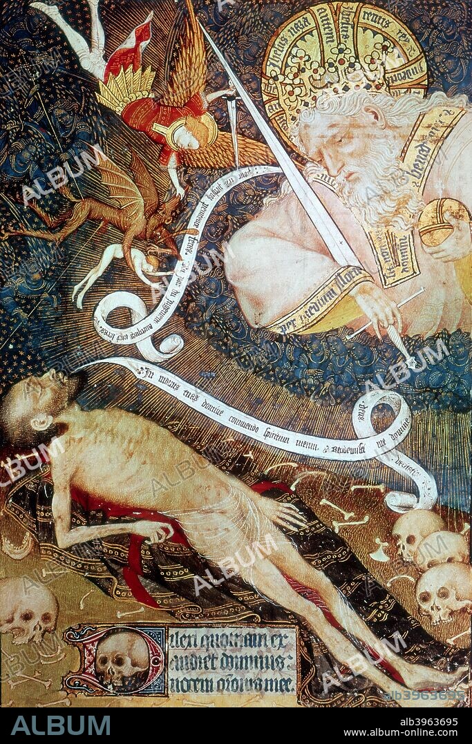 'The Judgement of Death', early 15th century. A dead man comes face to face with his God. St Michael the Archangel is expelling Lucifer from Heaven (top left). From the Rohan Hours. From the Bibliotheque Nationale, Paris.