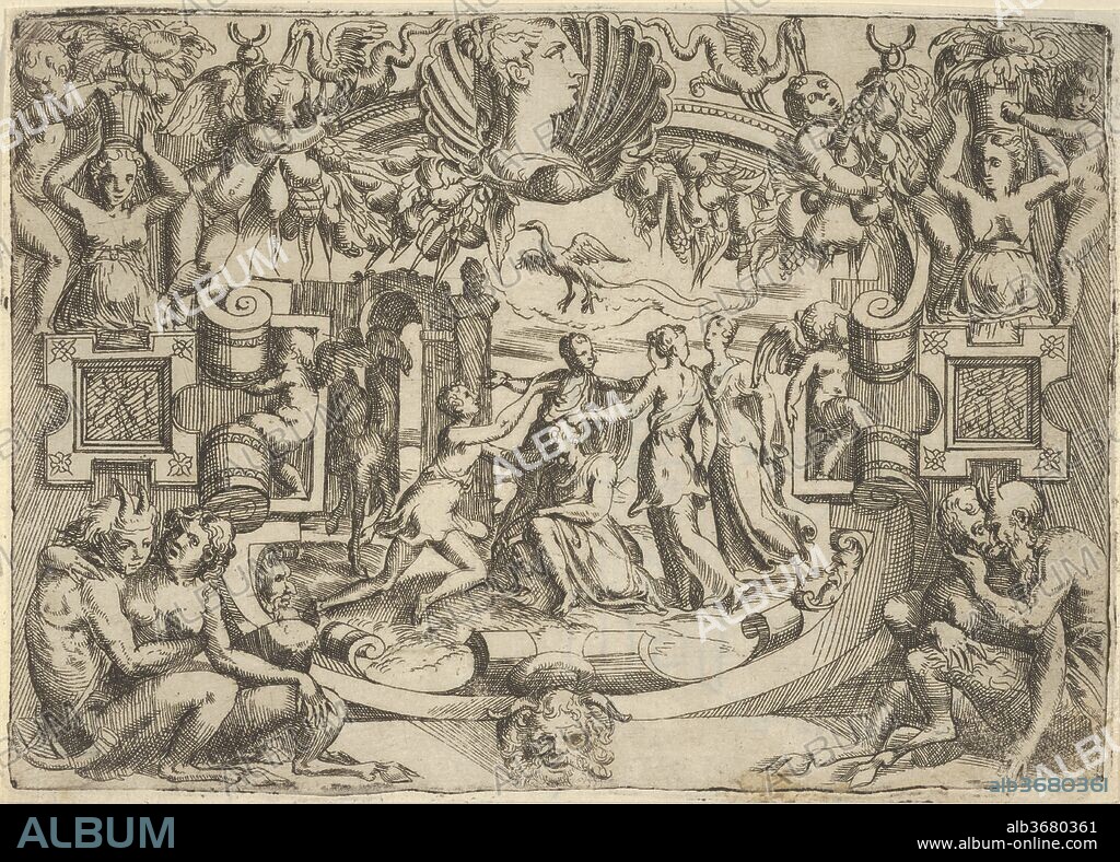 Four women surrounding a seated figure, a bird above them, set within an elaborate frame. Artist: Battista Angolo del Moro (Italian, Verona ca. 1515-ca. 1573 Murano); Formerly attributed to Andrea Schiavone (Andrea Meldola) (Italian, Zadar (Zara) ca. 1510?-1563 Venice); After Jacques Androuet Du Cerceau (French, Paris 1510/12-1585 Annecy). Dimensions: Sheet (Trimmed): 5 3/16 × 7 5/16 in. (13.1 × 18.5 cm). Date: ca. 1540-80.