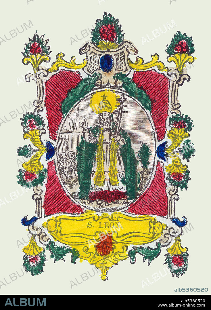 San León I el Magno (400-461), papa de la Iglesia Católica. Estampería popular del siglo XVIII, pintado a mano.