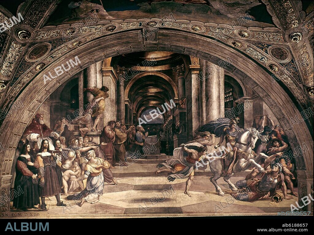 RAFAEL SANZIO O RAFAEL DE URBINO. HELIODORO EXPULSADO DEL TEMPLO- FRESCO DE LA ESTANCIA DE HELIODORO- 1511/1514.