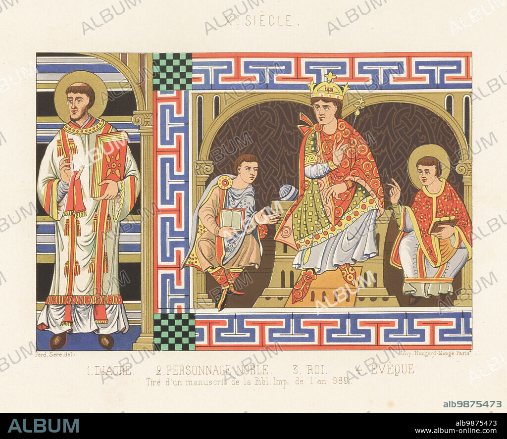 Royal and ecclesiastical costumes, 10th century. Deacon with Bible 1, nobleman 2, king with crown and sceptre 3, and bishop 4. Taken from a manuscript dated 989, Bibliotheque Imperiale de Paris. Diacre, personnage noble, roi, eveque. Xe Siecle. Chromolithograph by Ferdinand Sere after Willemin from Charles Louandres Les Arts Somptuaires, The Sumptuary Arts, Hangard-Mauge, Paris, 1858.
