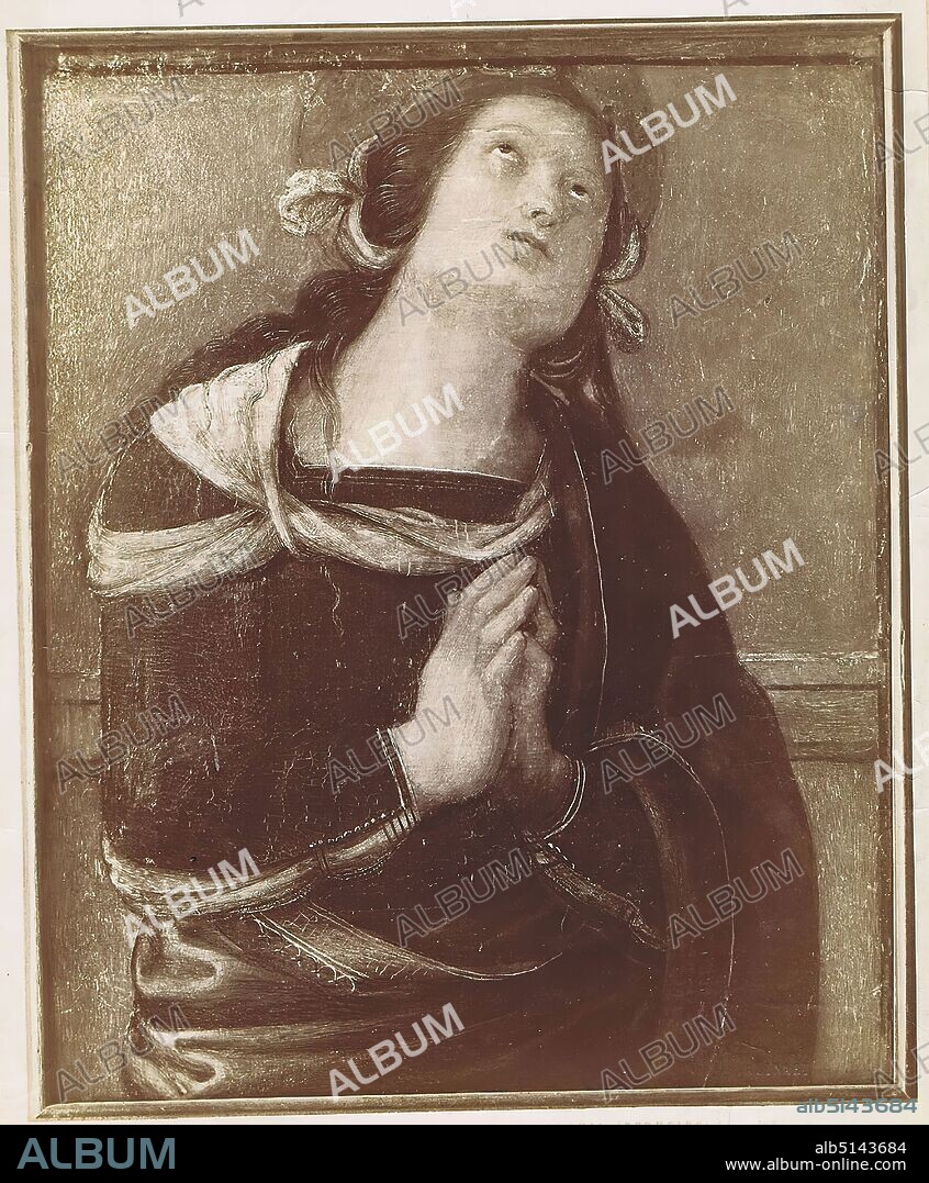 Pietro Perugino: Saint Flavia, Pinacoteca, Vatican Museums, Rome, albumin paper, black and white positive process, image size: height: 25,00 cm; width: 18,80 cm, ROMA - GALERIA VATICANA. S. FLAVIA (PERUGINO) Round stamp on verso, painting, saints.