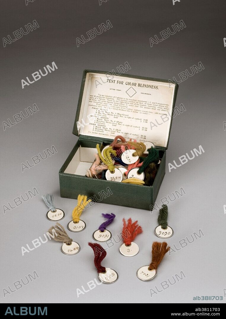 Holmgren's colored wool test for color blindness. The patient had to match one piece of wool to the samples in the box in this color blindness test. There are light and dark shades to confuse the patient. This helped detect problems. The numbers on the pieces of wool were codes. The doctor used them to determine what type color blindness the patient had. Swedish physiologist Alarik Frithiof Holmgren (1831-1897) devised this test in 1874. He pursued his investigations following a railway accident in Sweden in 1876. The accident was believed to be caused by a color blind train driver. Following Holmgren's research, color blindness tests were made compulsory for railway and shipping workers in Sweden.