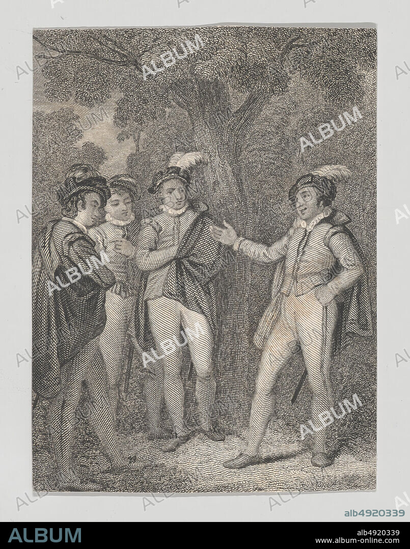 Charles Heath, the elder, Dumain, Biron, the King, and Longaville (Shakespeare, Love's Labour's Lost, Act 4, Scene 3), Charles Heath, the elder (British, London 17851848 London), After John Massey Wright (British, London 17771866), William Shakespeare (British, Stratford-upon-Avon 15641616 Stratford-upon-Avon), 182540, Etching and engraving, Sheet: 3 7/16 × 2 9/16 in. (8.8 × 6.5 cm), Prints.