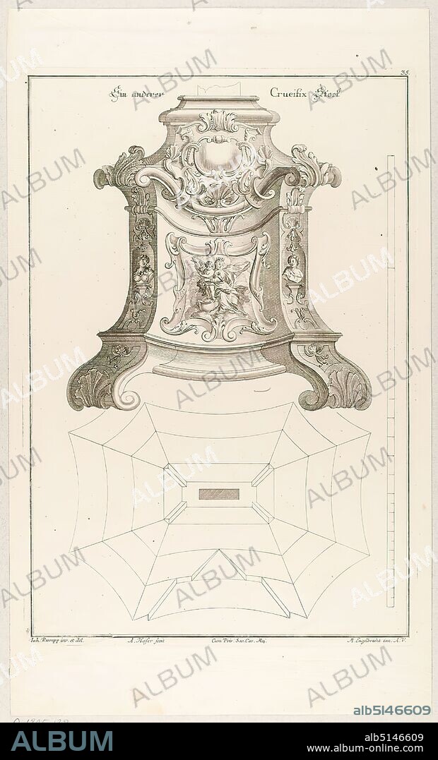 Martin Engelbrecht, Andreas Hofer, Johann Rumpp, ground and elevation of a crucifix base, copperplate engraving, sheet size: height: 36.2 cm; width: 21.7 cm, signed, numbered and inscribed in the plate: Another Crucifix Stick, Ioh. Rumpp inv. et del, A. Hofer fecit, Cum Priv. Sac. Caes. Maj, M. Engelbrecht exc. A. V, 35th, prints, printed matter, foliage and ribbon work, church furnishings, sculpture, sculpture, sculpture art, handicrafts, arts and crafts, industrial design, ornaments, rococo, sheet 35 from the series Unterschiedliche neue sehr nutliche Tischler oder Schreiner Risse inventirt u zeichnen von Johannes Rumpp von Kircheimh unter Teckh, published by M. Engelbrecht, Verlagsnummer 6.
