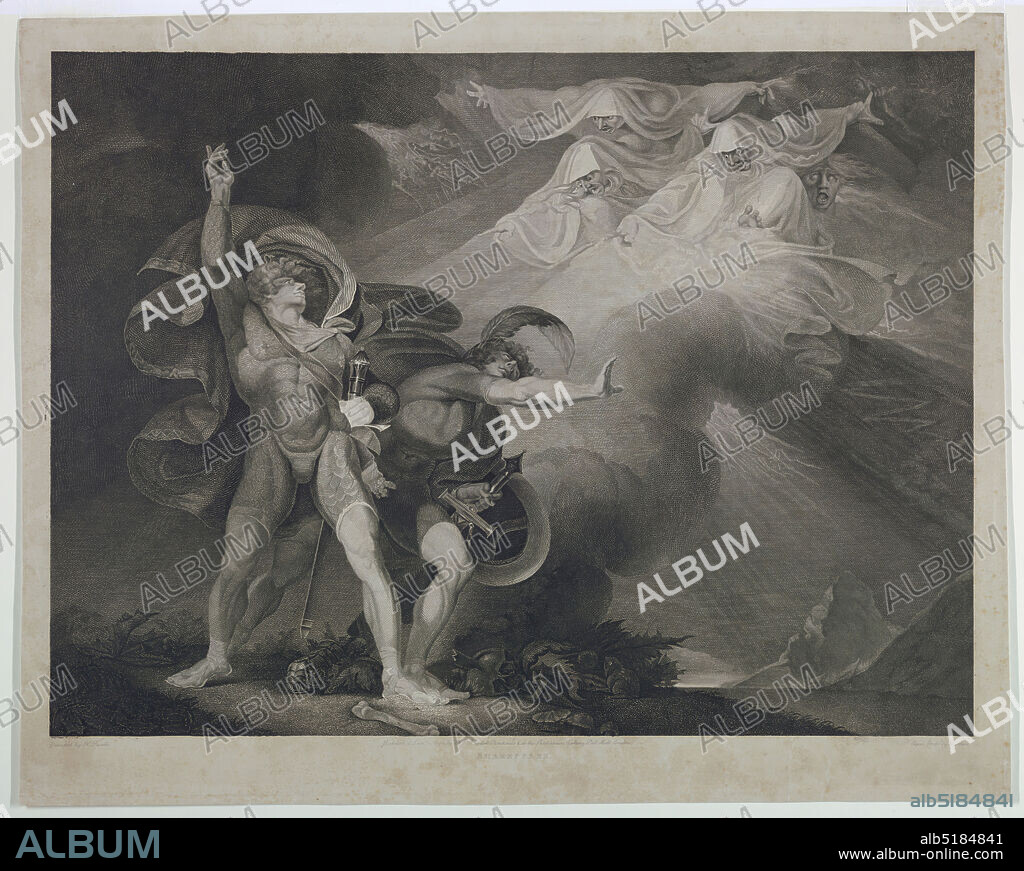 The Three Witches Appearing to Macbeth, John Trotter, British, active 1756 - 1792, Henry Fuseli, Swiss, 1741 - 1825, Engraving on paper, Scene from Shakespear's Macbeth, Act I, Scene 5. The Three Furies appear in the sky to Macbeth and Banquo in an open landscape., London, England, 1790, Print, Print.