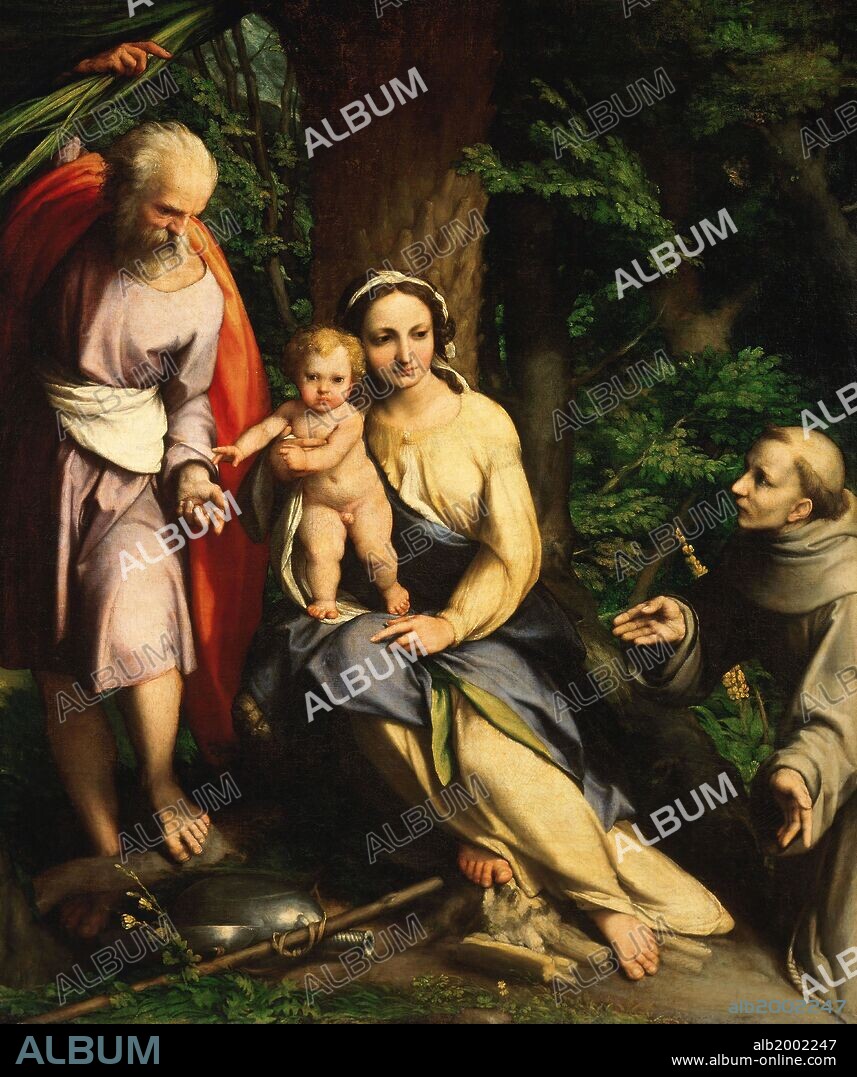 Antonio Da Correggio / 'The Rest on the Flight to Egypt with Saint Francis', c. 1520, Oil on canvas, 123.5 x 106.5 cm, Inv.1455.