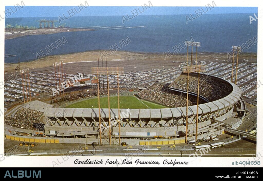 Candlestick Park, San Francisco, California, 1960. Vintage postcard showing a bird's eye view of Candlestick Park and the surrounding parking area. San Francisco Bay is in the distance. The stadium was built for the San Francisco Giants baseball team, who began playing there in 1960. They moved to a new stadium in 2000. Candlestick Park has also been the home of the San Francisco 49ers NFL American football team since 1971.